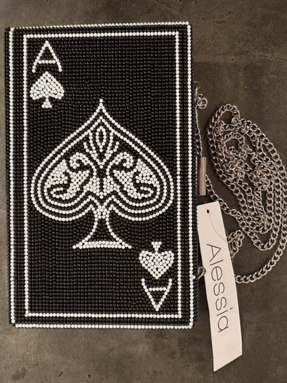 Alessia Bianchi ACE OF SPADES Black & White Beaded Bag Clutch Evening Lucky NEW!